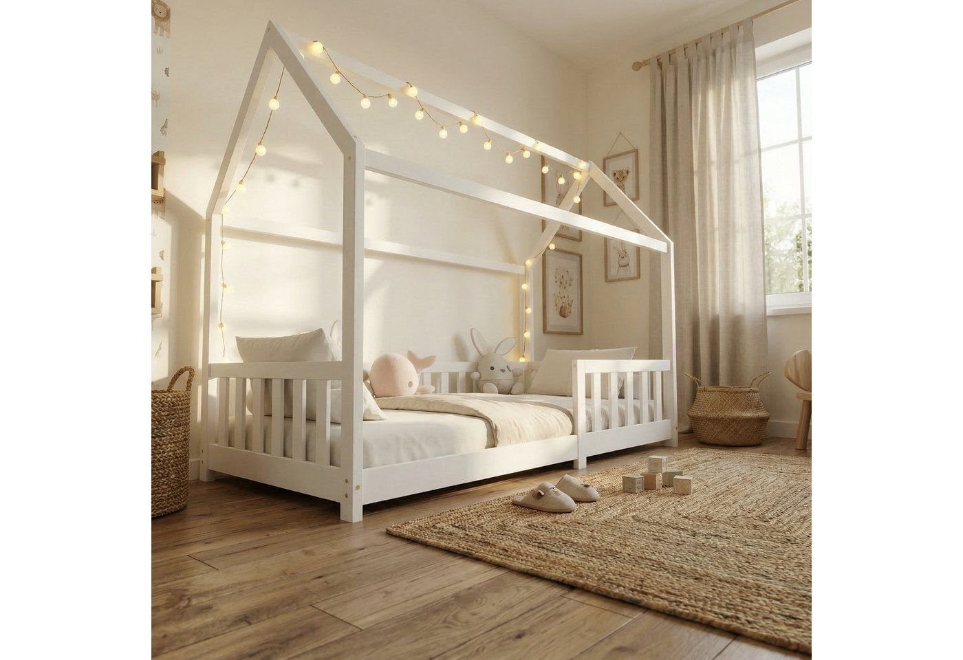 ecoMI Kinderbett Hausbett, Rausfallschutz, Lattenrost, 90x200 & 80x160, Weiß & Natur, Hausbett, Rausfallschutz, Lattenrost, 90x200 & 80x160, Weiß & Natur – Bild 2 von 5