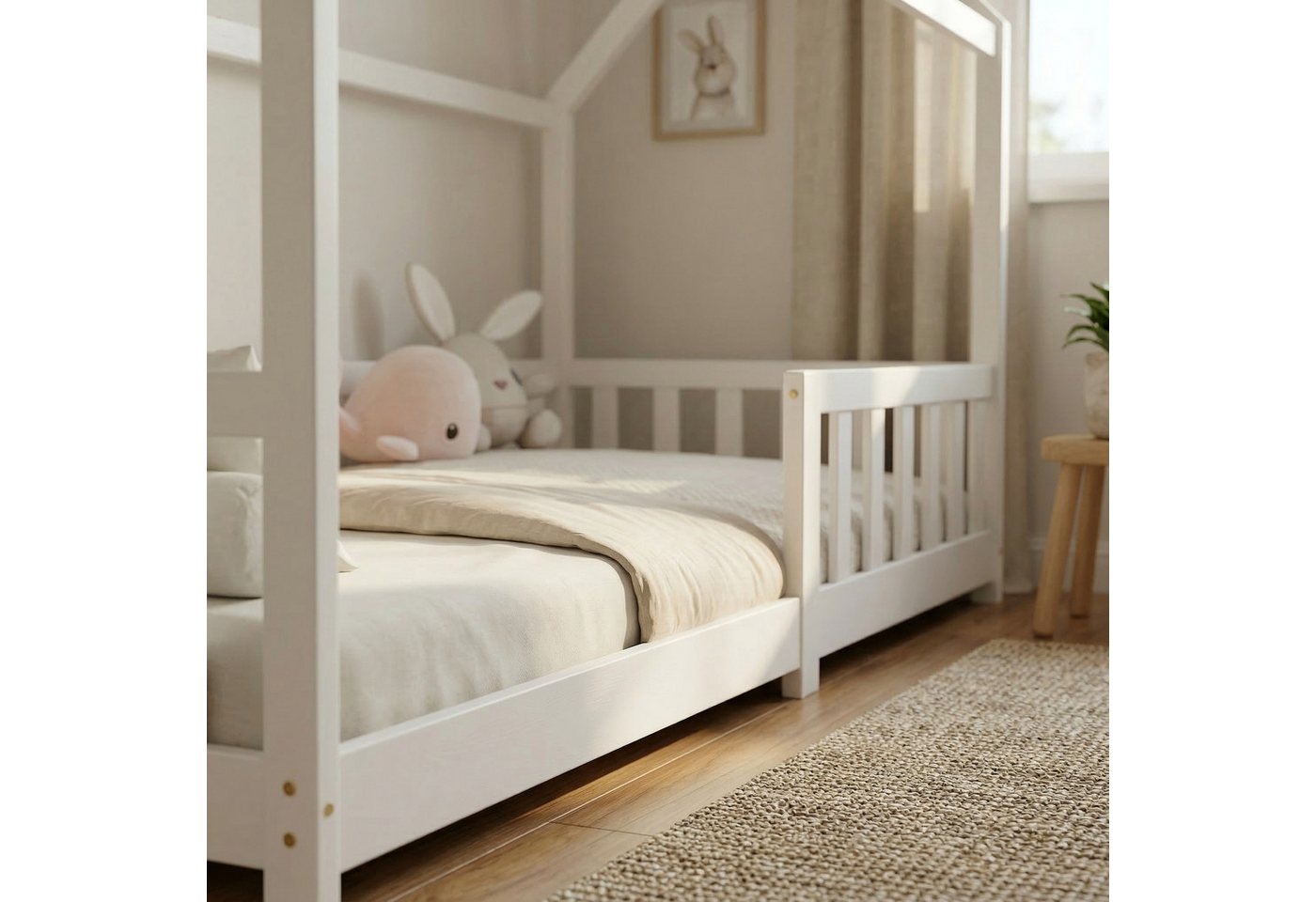 ecoMI Kinderbett Hausbett, Rausfallschutz, Lattenrost, 90x200 & 80x160, Weiß & Natur, Hausbett, Rausfallschutz, Lattenrost, 90x200 & 80x160, Weiß & Natur – Bild 3 von 5