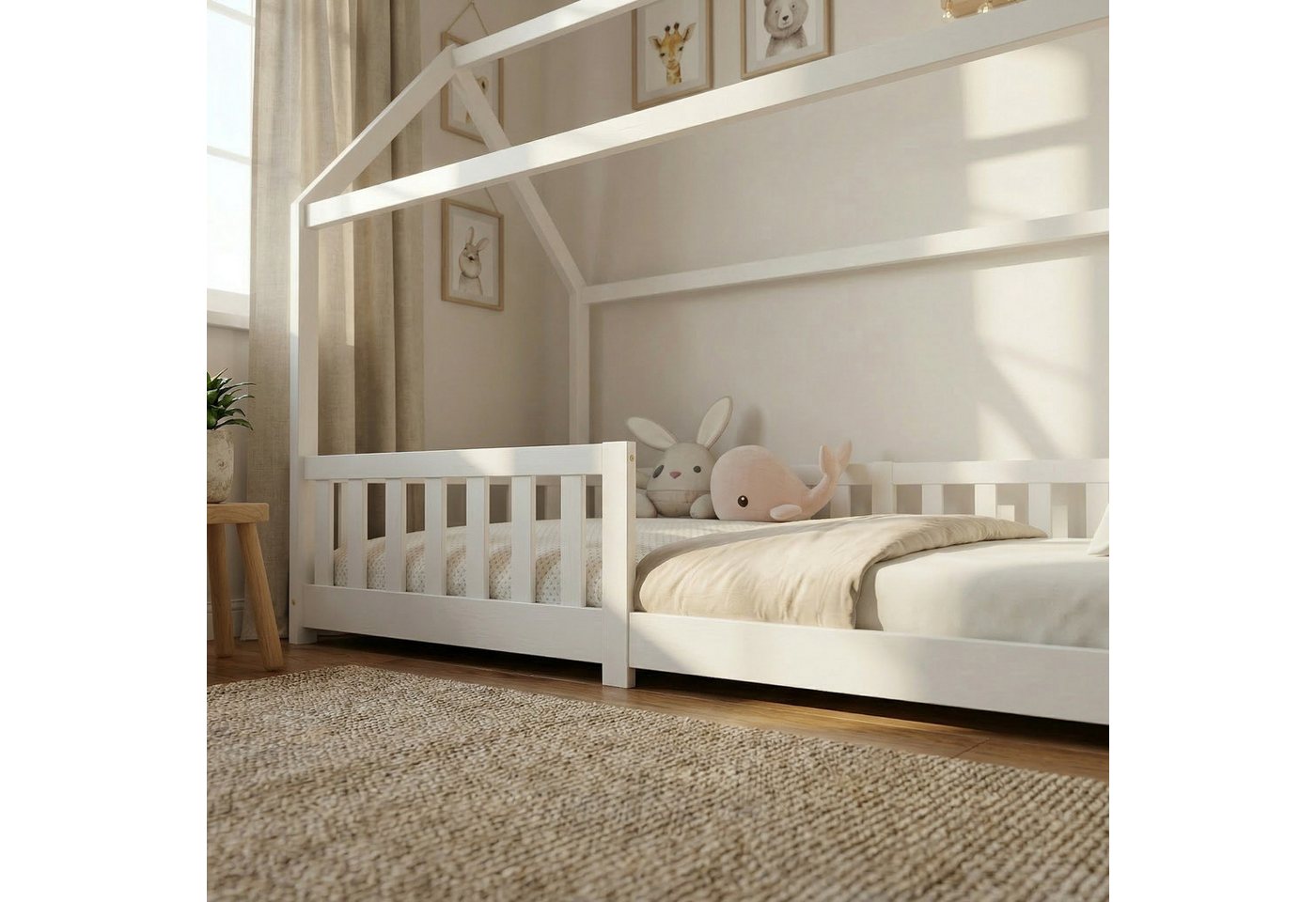 ecoMI Kinderbett Hausbett, Rausfallschutz, Lattenrost, 90x200 & 80x160, Weiß & Natur, Hausbett, Rausfallschutz, Lattenrost, 90x200 & 80x160, Weiß & Natur – Bild 4 von 5