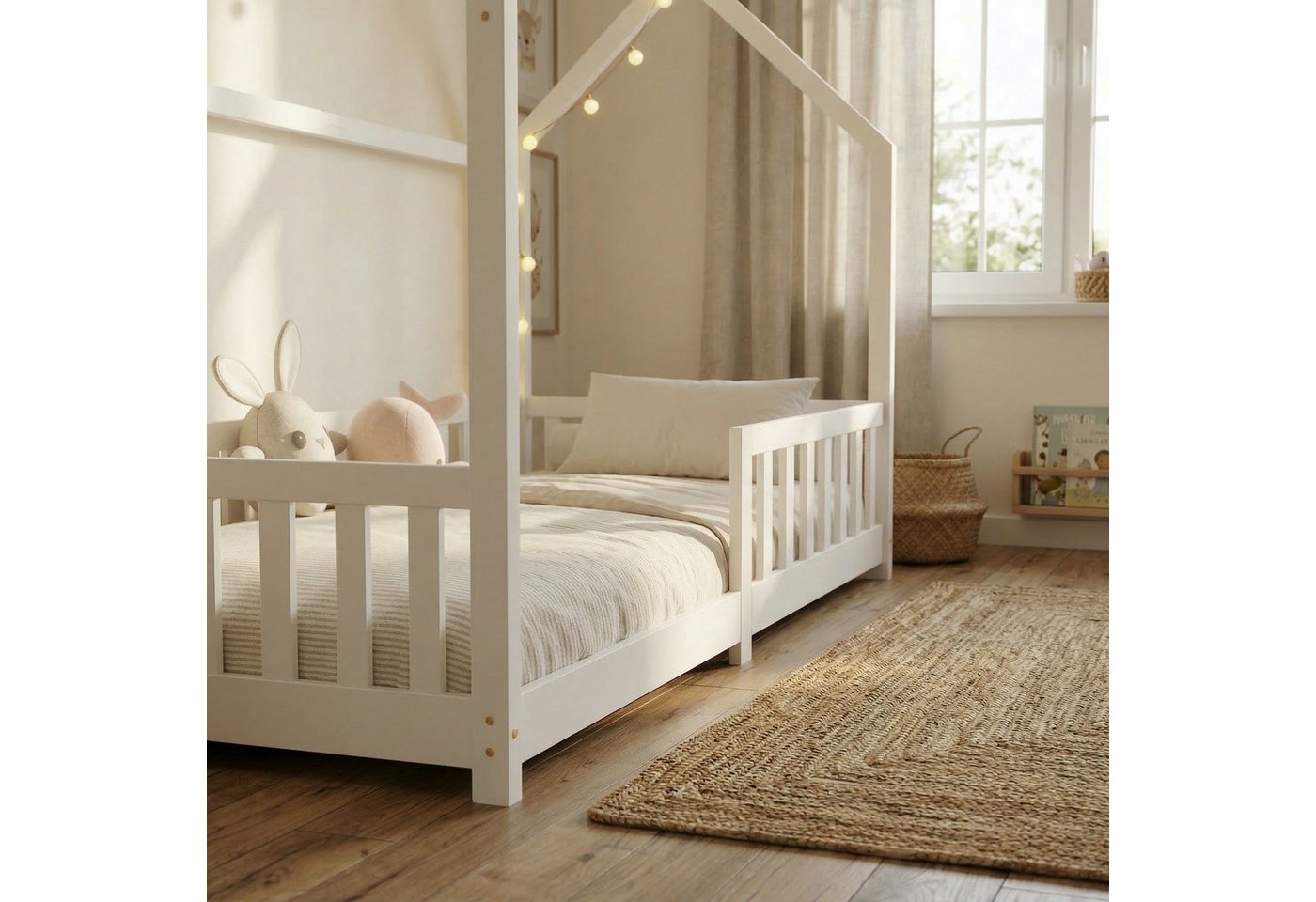 ecoMI Kinderbett Hausbett, Rausfallschutz, Lattenrost, 90x200 & 80x160, Weiß & Natur, Hausbett, Rausfallschutz, Lattenrost, 90x200 & 80x160, Weiß & Natur – Bild 5 von 5