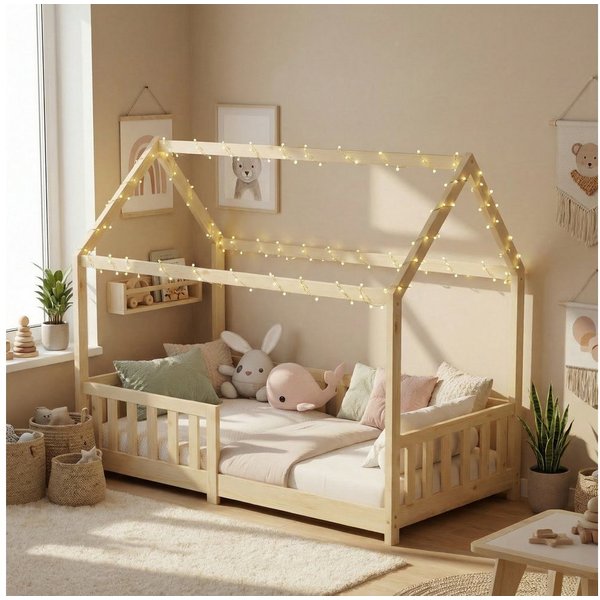 ecoMI Kinderbett Hausbett, Rausfallschutz, Lattenrost, 90x200 & 80x160, Weiß & Natur, Hausbett, Rausfallschutz, Lattenrost, 90x200 & 80x160, Weiß & Natur