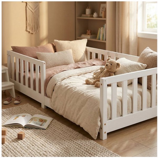 ecoMI Kinderbett mit Rausfallschutz inkl. Lattenrost, 90x200 & 80x160, Weiß & Natur, mit Rausfallschutz inkl. Lattenrost, 90x200 & 80x160, Weiß & Natur