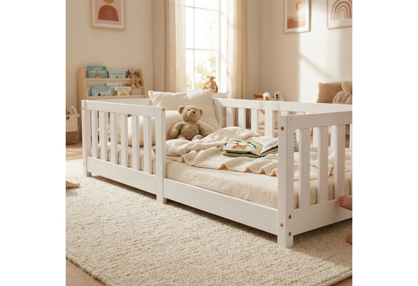 ecoMI Kinderbett mit Rausfallschutz inkl. Lattenrost, 90x200 & 80x160, Weiß & Natur, mit Rausfallschutz inkl. Lattenrost, 90x200 & 80x160, Weiß & Natur – Bild 2 von 5