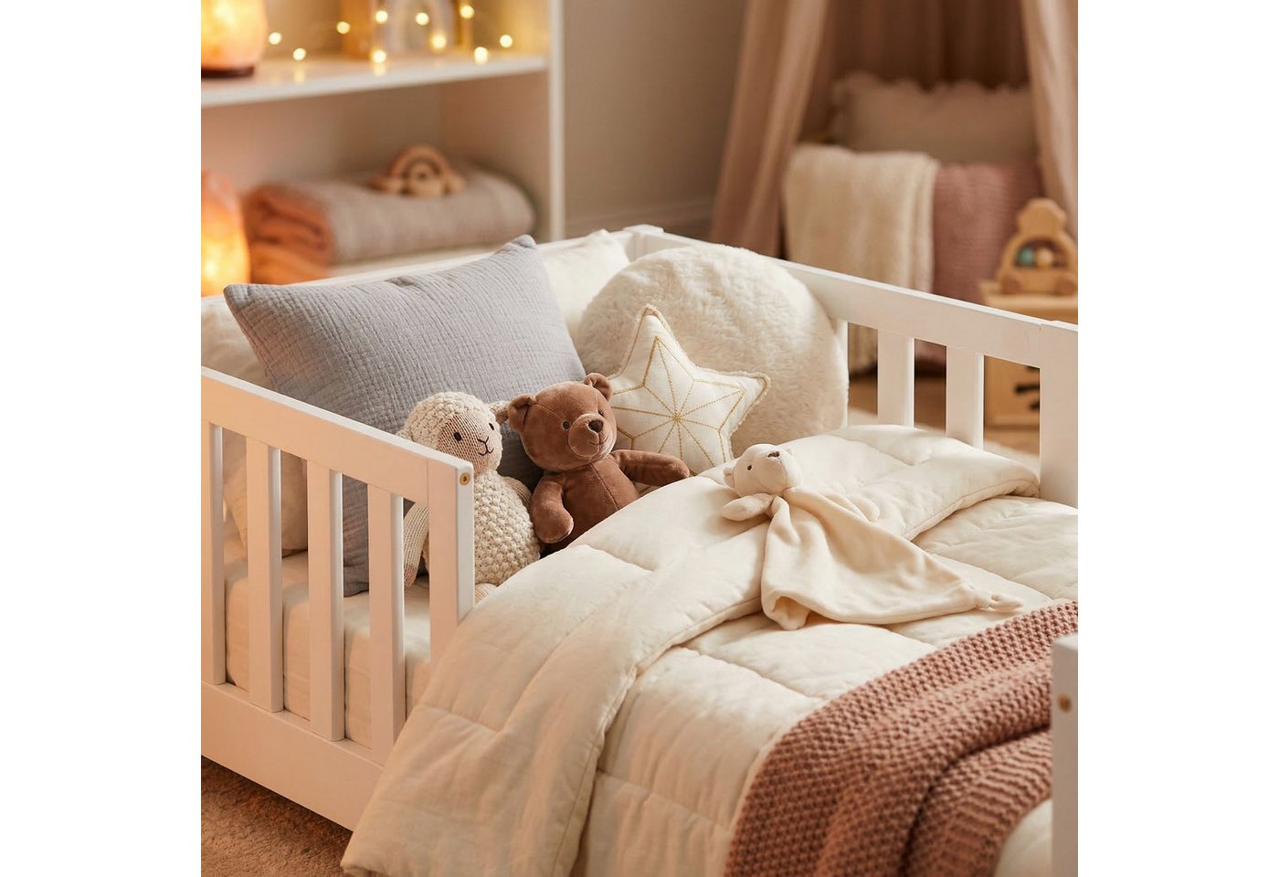 ecoMI Kinderbett mit Rausfallschutz inkl. Lattenrost, 90x200 & 80x160, Weiß & Natur, mit Rausfallschutz inkl. Lattenrost, 90x200 & 80x160, Weiß & Natur – Bild 3 von 5