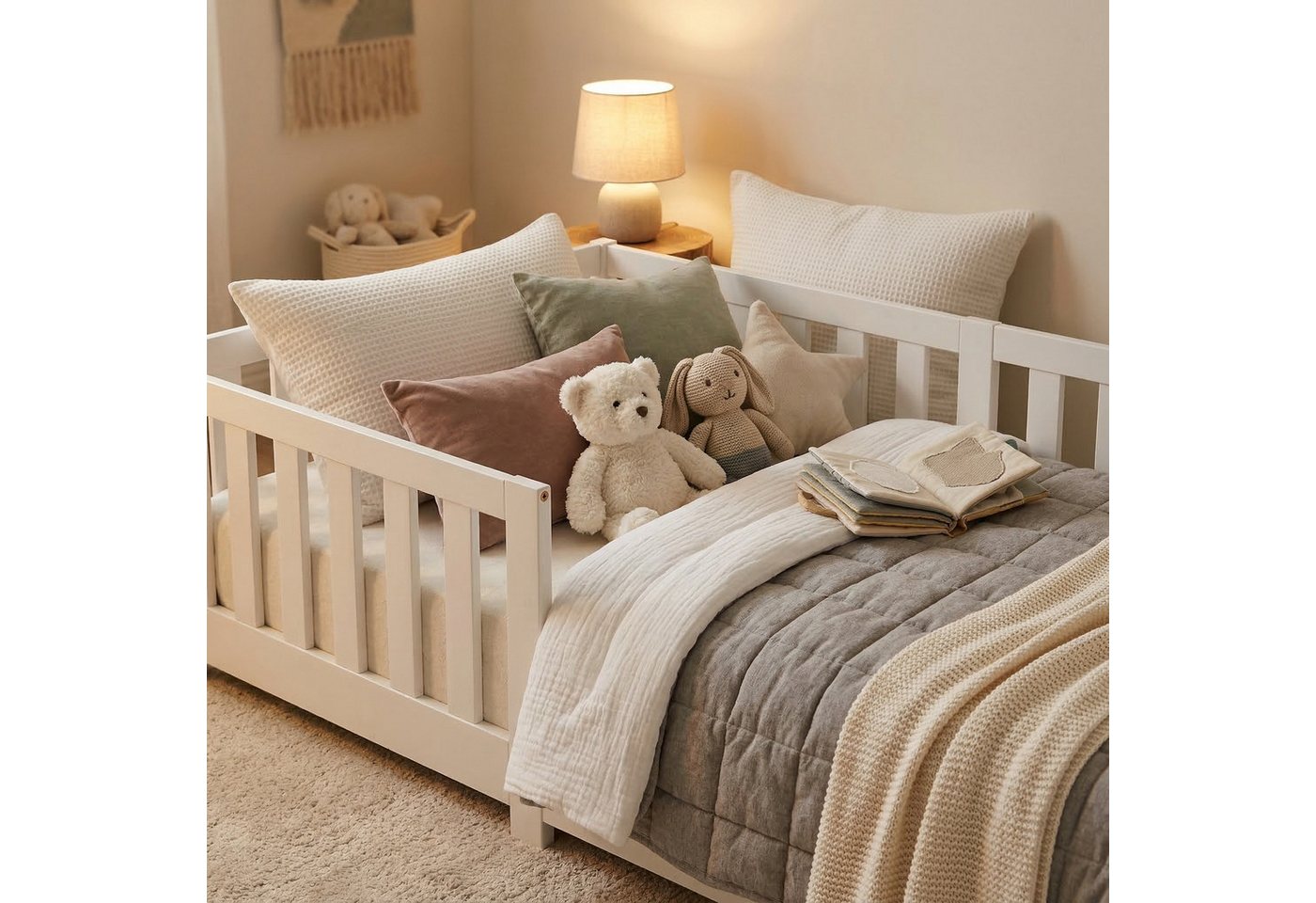 ecoMI Kinderbett mit Rausfallschutz inkl. Lattenrost, 90x200 & 80x160, Weiß & Natur, mit Rausfallschutz inkl. Lattenrost, 90x200 & 80x160, Weiß & Natur – Bild 4 von 5