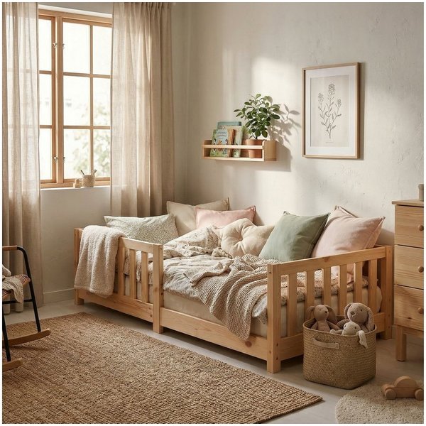 ecoMI Kinderbett mit Rausfallschutz inkl. Lattenrost, 90x200 & 80x160, Weiß & Natur, mit Rausfallschutz inkl. Lattenrost, 90x200 & 80x160, Weiß & Natur