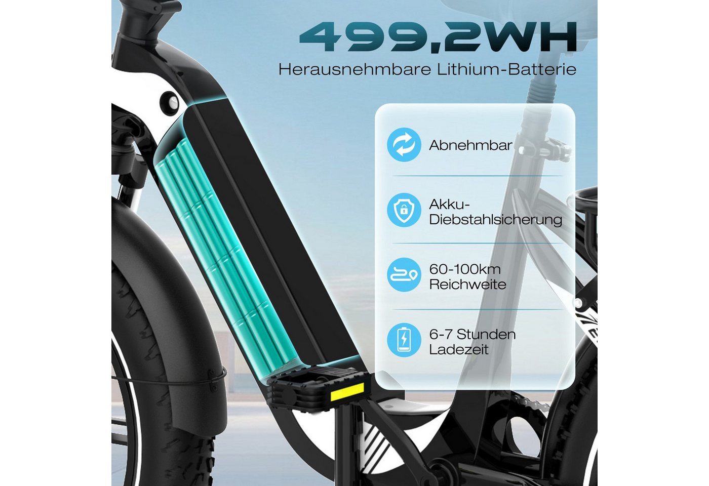 ECORUSH E-Bike Faltrad R2 20*4,0 Zoll Elektrofahrrad bis zu 60-100km, 7 Gang shimano shimano Schaltwerk, Kettenschaltung, Heckmotor, 499,2 Wh, Faltrad, MTB E Mo – Bild 2 von 5