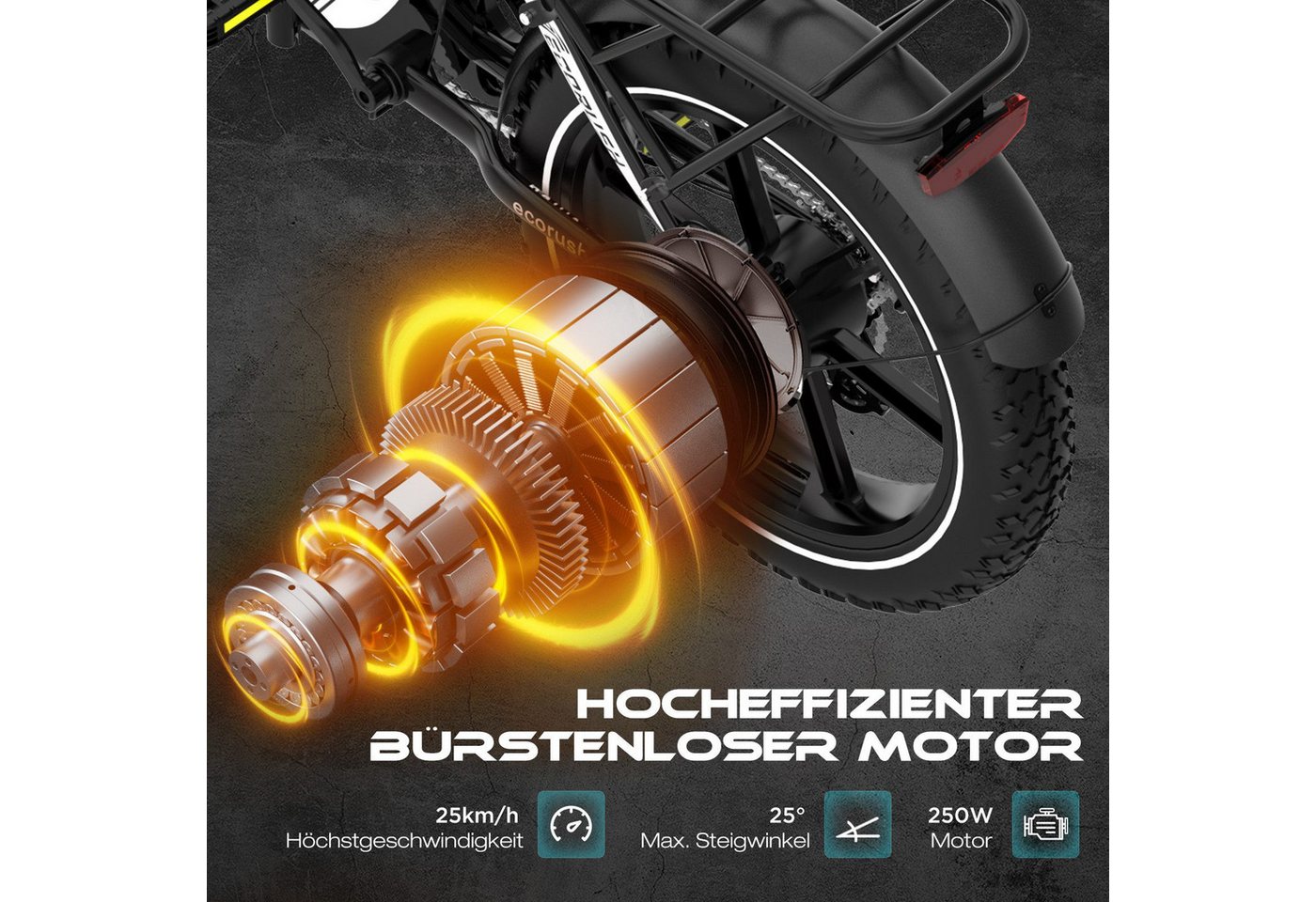 ECORUSH E-Bike Faltrad R2 20*4,0 Zoll Elektrofahrrad bis zu 60-100km, 7 Gang shimano shimano Schaltwerk, Kettenschaltung, Heckmotor, 499,2 Wh, Faltrad, MTB E Mo – Bild 3 von 5