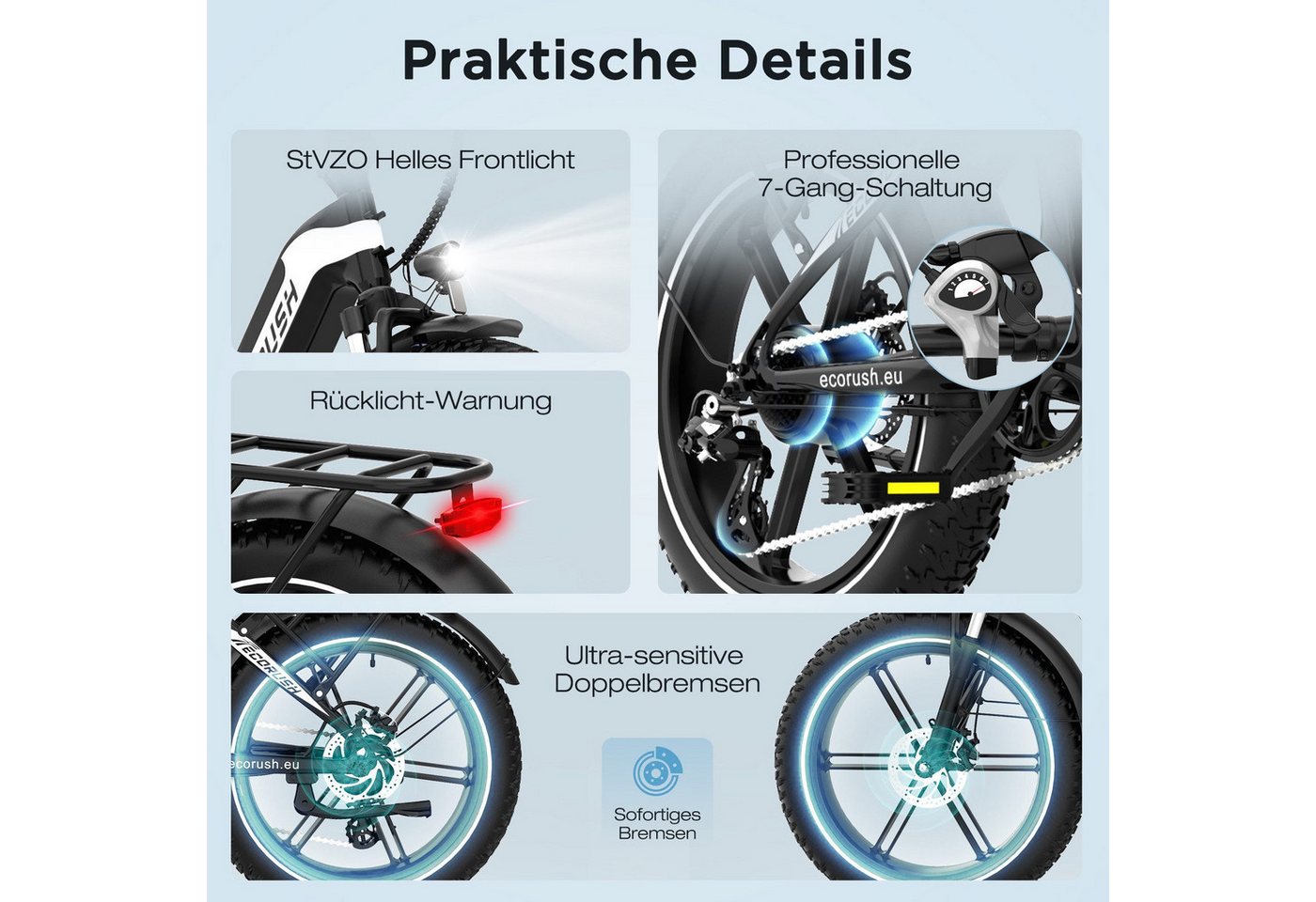 ECORUSH E-Bike Faltrad R2 20*4,0 Zoll Elektrofahrrad bis zu 60-100km, 7 Gang shimano shimano Schaltwerk, Kettenschaltung, Heckmotor, 499,2 Wh, Faltrad, MTB E Mo – Bild 5 von 5