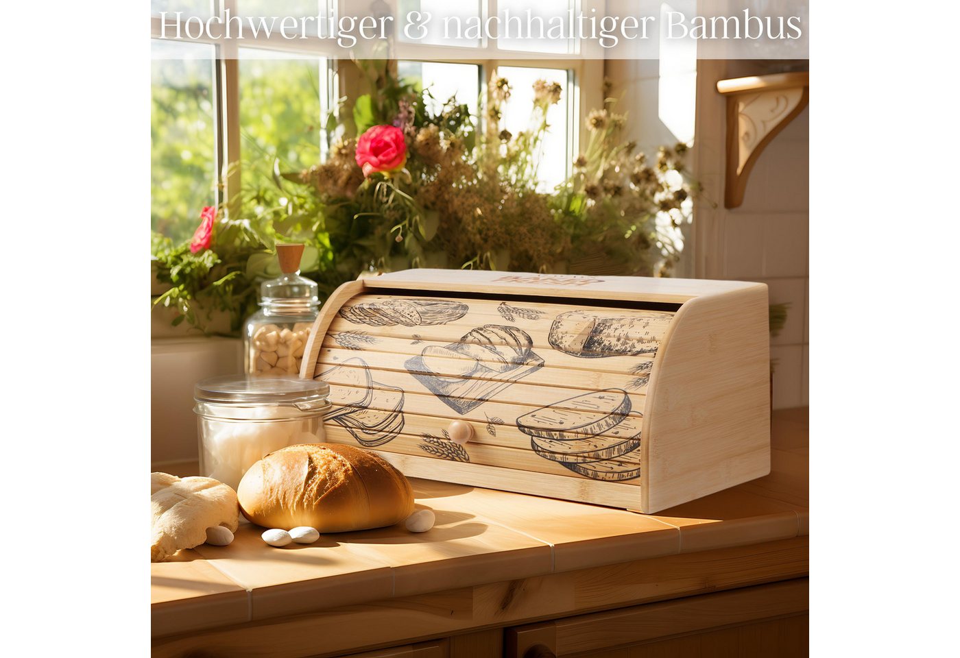 ecosa Brotkasten EO-5040, Bambus, (Packung, 2-tlg), Herausnehmbare Krümelschublade,Umweltfreundlich,Rolldeckel – Bild 2 von 5