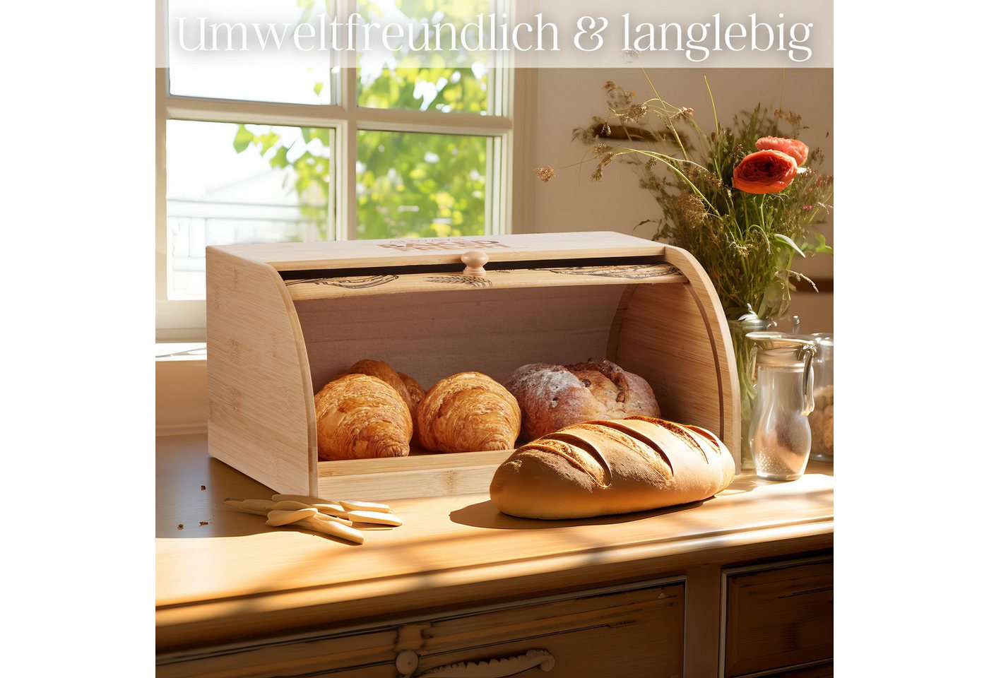 ecosa Brotkasten EO-5040, Bambus, (Packung, 2-tlg), Herausnehmbare Krümelschublade,Umweltfreundlich,Rolldeckel – Bild 3 von 5