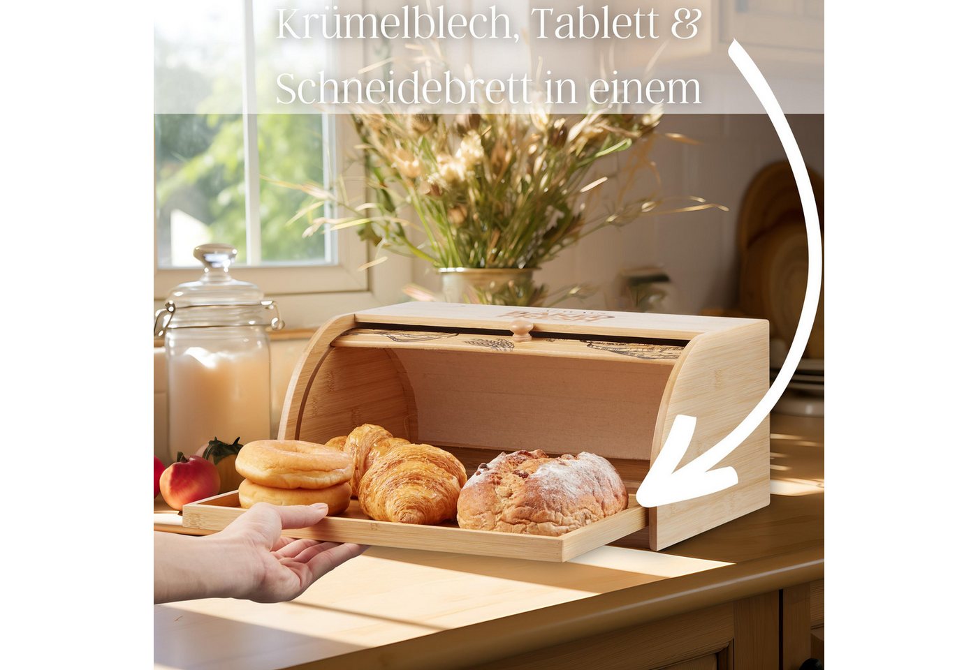 ecosa Brotkasten EO-5040, Bambus, (Packung, 2-tlg), Herausnehmbare Krümelschublade,Umweltfreundlich,Rolldeckel – Bild 4 von 5
