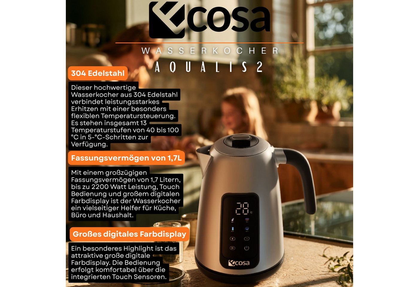 ecosa Wasserkocher EO-630, 1.7 l, 2200 W, Großes digitales Farb-Touchdisplay mit Sensortasten – Bild 2 von 5