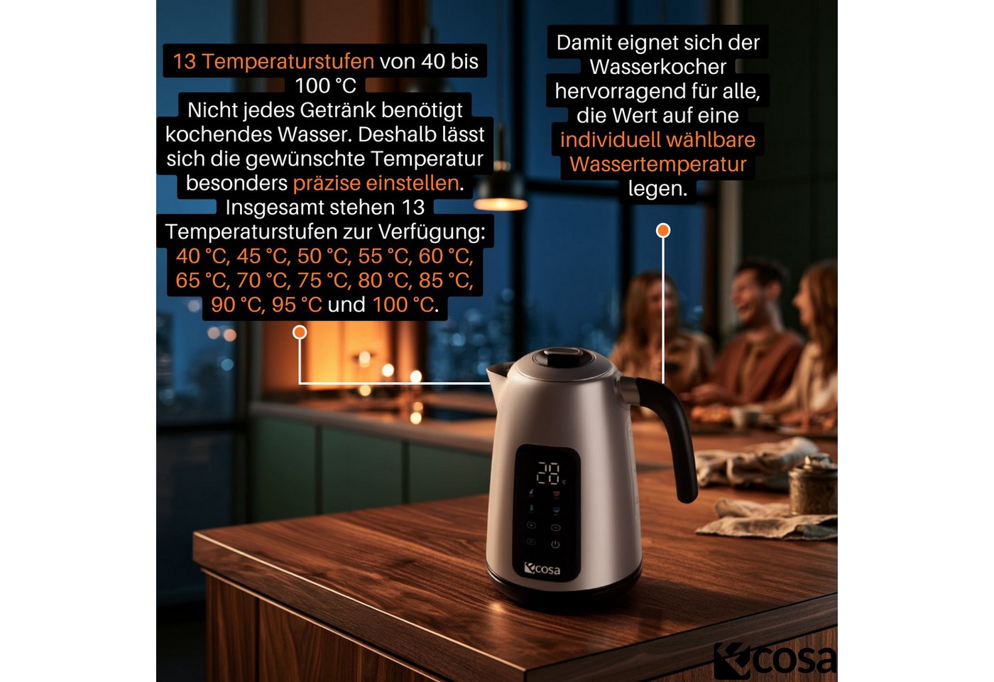 ecosa Wasserkocher EO-630, 1.7 l, 2200 W, Großes digitales Farb-Touchdisplay mit Sensortasten – Bild 3 von 5