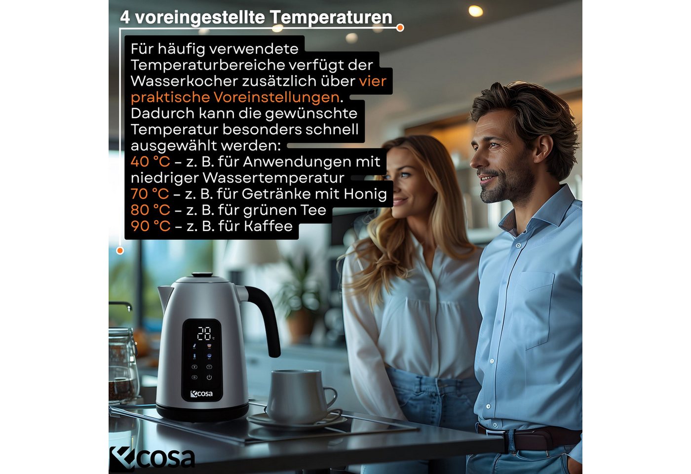 ecosa Wasserkocher EO-630, 1.7 l, 2200 W, Großes digitales Farb-Touchdisplay mit Sensortasten – Bild 4 von 5