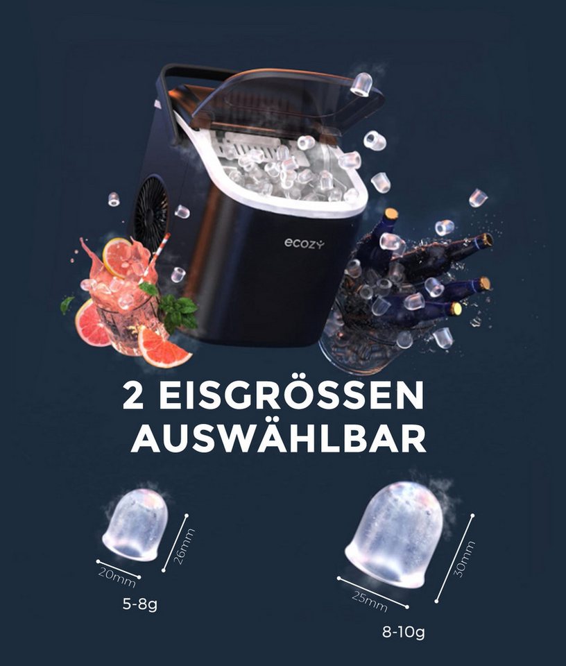 eCozy Eiswürfelmaschine Tragbar, 2 Eisgrößen, Selbstreinigung, Stummschalten, 9 Würfel in 6 Minuten Fertig, 12KG/24H, für Zuhause Party – Bild 3 von 5