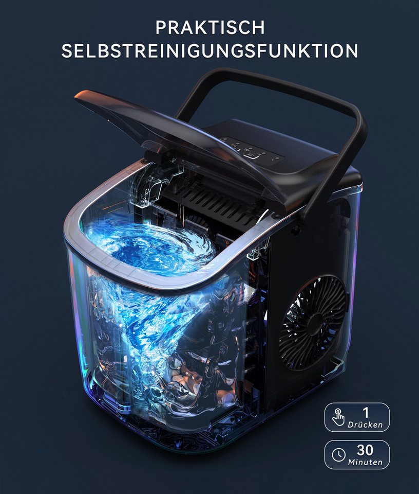 eCozy Eiswürfelmaschine Tragbar, 2 Eisgrößen, Selbstreinigung, Stummschalten, 9 Würfel in 6 Minuten Fertig, 12KG/24H, für Zuhause Party – Bild 4 von 5