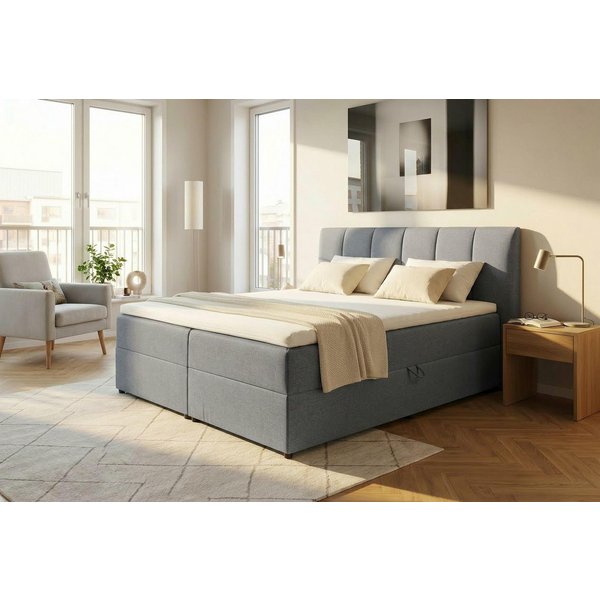 ED EXCITING DESIGN Boxbett GRANADA, Polsterbett mit Bettkasten und Taschenfederkernmatratze H3, mit Komfortschaum-Topper, Webstoff-Bezug, Liegefläche 180x200cm