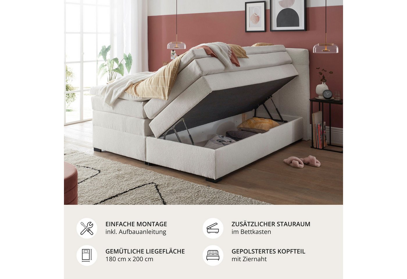 ED EXCITING DESIGN Boxspringbett FANES, Doppelbett mit Bettkasten und Taschenfederkernmatratze H3 (5-St., Komfortliegehöhe 73cm), mit 7cm Visco-Topper, hochwert – Bild 3 von 5