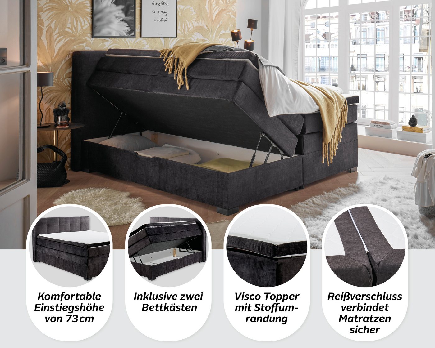ED EXCITING DESIGN Boxspringbett FANES, Doppelbett mit Bettkasten und Taschenfederkernmatratze H3 (Komfortliegehöhe 73cm), mit 7cm Visco-Topper, hochwertiger Mi – Bild 3 von 5