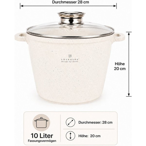 Edenberg Kochtopf 10L Wunderschöne, große beigefarbene Töpfe mit Steinbeschichtung, Keramik, Aluminium, Edelstahl, Aluminiumguss (2-tlg)