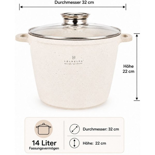 Edenberg Kochtopf 14L Wunderschöne, große beigefarbene Töpf mit Steinbeschichtung, Keramik, Aluminium, Edelstahl, Aluminiumguss (Dank seines eleganten Designs, 
