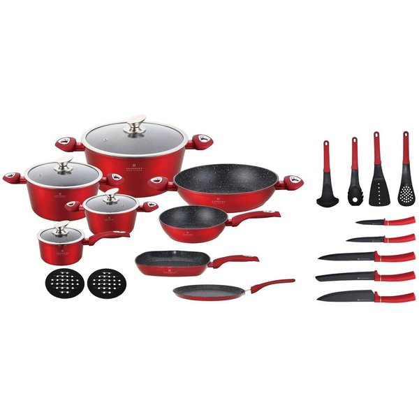 Edenberg Topf-Set 23 tlg, Modernes Topfset mit Pfannen in elegantem, intensivem Rot, Aluminium, Aluminiumguss, Edelstahl (Gönnen Sie sich dieses elegante Premiu