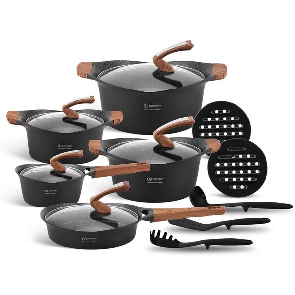 Edenberg Topf-Set Modernes Topfset, schwarze Töpfe, braune Griffe, Pfanne, Kasserolle, Keramik, Aluminium (Sehr hohe Qualität, 15-tlg., Zeitloses Design des Top
