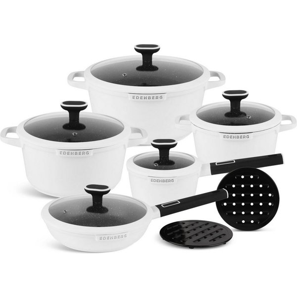 Edenberg Topf-Set Wunderschönes weißes Topfset, Pfanne, Kasserolle, Glasdeckel Keramik, Aluminium, Keramik, Aluminiumguss, Gepresstes Aluminium (Verleihen Sie I