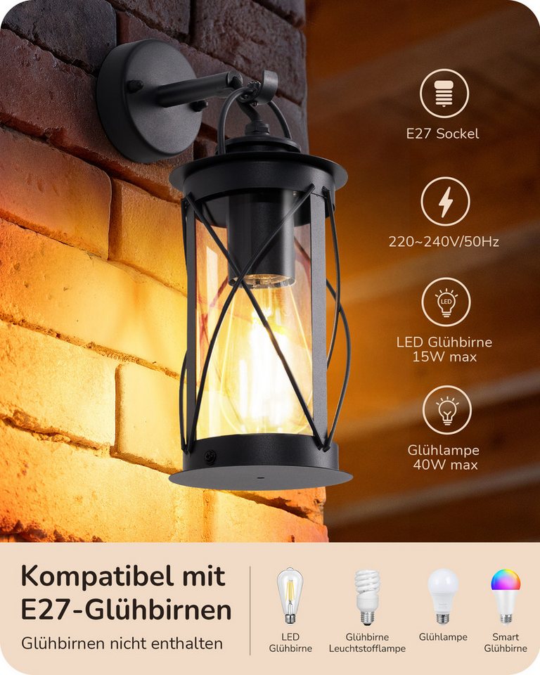 EDISHINE Außen-Wandleuchte, ohne Leuchtmittel, Retro Wandbeleuchtung für Café, Bar, Terrasse und Hof – Bild 2 von 5