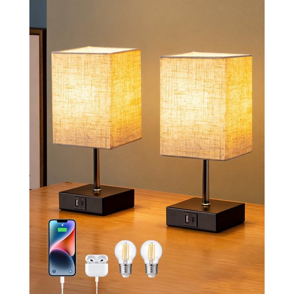 EDISHINE LED Nachttischlampe 2er-Set Schreibtischlampe Touch Dimmbar, Tischleuchten mit USB, LED wechselbar, warmweiß, kleine Tischlampe mit Ladefunktion für Fe