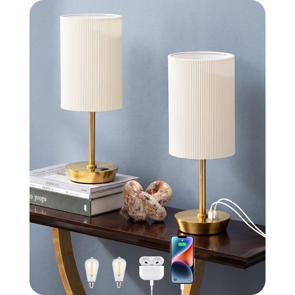 EDISHINE LED Nachttischlampe 2er-Set Tischleuchten mit USB, Dekolampen, LED wechselbar, warmweiß, Touch Dimmbar, kleine Tischlampe mit Ladefunktion
