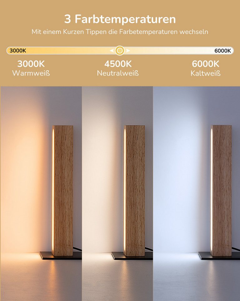 EDISHINE LED Nachttischlampe deko, säulenförmig Holz, LED fest integriert, 3000K-4500K-6000K, Touch Dimmbar, Stehleuchte für Zimmer-ecke, Höhe 27cm – Bild 3 von 5