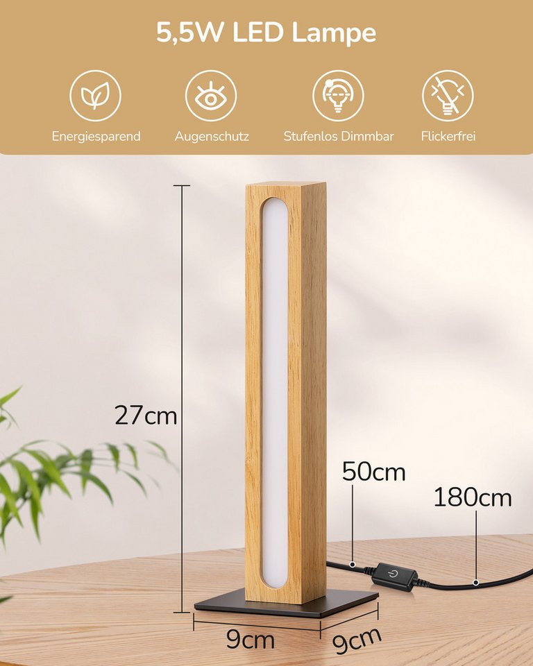 EDISHINE LED Nachttischlampe deko, säulenförmig Holz, LED fest integriert, 3000K-4500K-6000K, Touch Dimmbar, Stehleuchte für Zimmer-ecke, Höhe 27cm – Bild 4 von 5