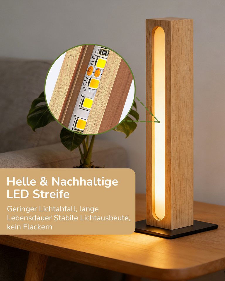 EDISHINE LED Nachttischlampe deko, säulenförmig Holz, LED fest integriert, 3000K-4500K-6000K, Touch Dimmbar, Stehleuchte für Zimmer-ecke, Höhe 27cm – Bild 5 von 5