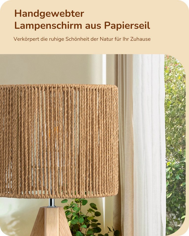 EDISHINE LED Nachttischlampe mit Seil-Lampenschirm, vintage Dekolampe, LED wechselbar, Warmweiß, Tischlampe holz mit Leuchtmittel, Boho Tischleuchte für Schlafz – Bild 2 von 5