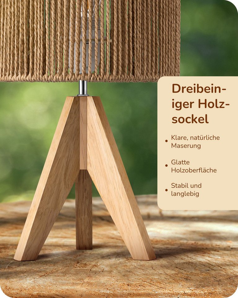 EDISHINE LED Nachttischlampe mit Seil-Lampenschirm, vintage Dekolampe, LED wechselbar, Warmweiß, Tischlampe holz mit Leuchtmittel, Boho Tischleuchte für Schlafz – Bild 3 von 5