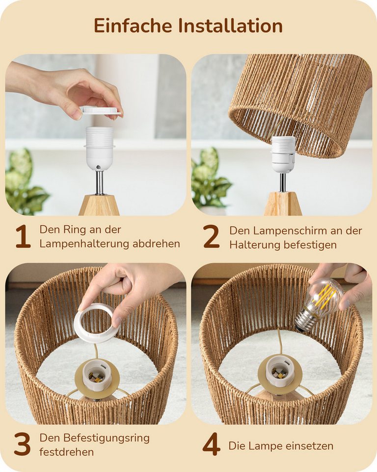 EDISHINE LED Nachttischlampe mit Seil-Lampenschirm, vintage Dekolampe, LED wechselbar, Warmweiß, Tischlampe holz mit Leuchtmittel, Boho Tischleuchte für Schlafz – Bild 5 von 5