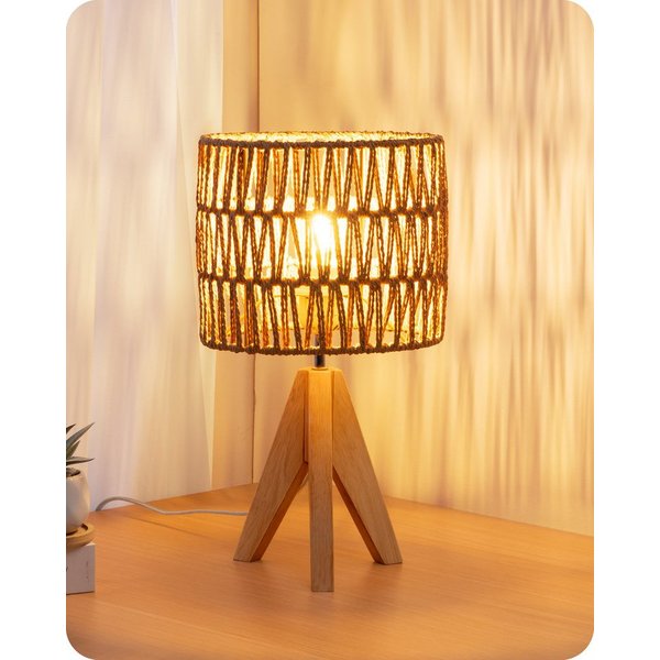 EDISHINE LED Nachttischlampe mit Seil-Lampenschirm, vintage Dekolampe, LED wechselbar, Warmweiß, Tischlampe holz mit Leuchtmittel, Boho Tischleuchte für Schlafz