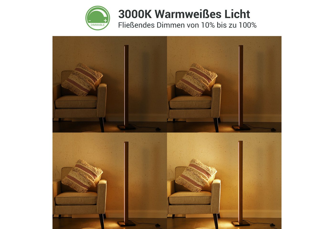 EDISHINE LED Stehlampe Stehlampe aus Holz, Stehlampe Wohnzimmer Dimmbar, LED fest integriert, Warmweiß, Eckelampe mit Fußschalter – Bild 2 von 5