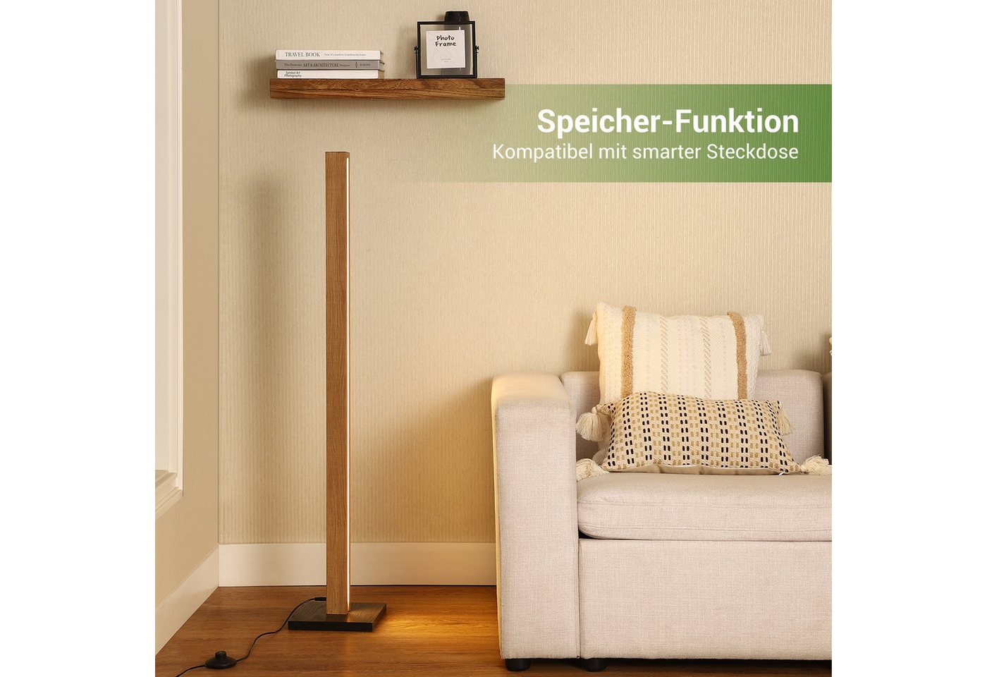 EDISHINE LED Stehlampe Stehlampe aus Holz, Stehlampe Wohnzimmer Dimmbar, LED fest integriert, Warmweiß, Eckelampe mit Fußschalter – Bild 3 von 5