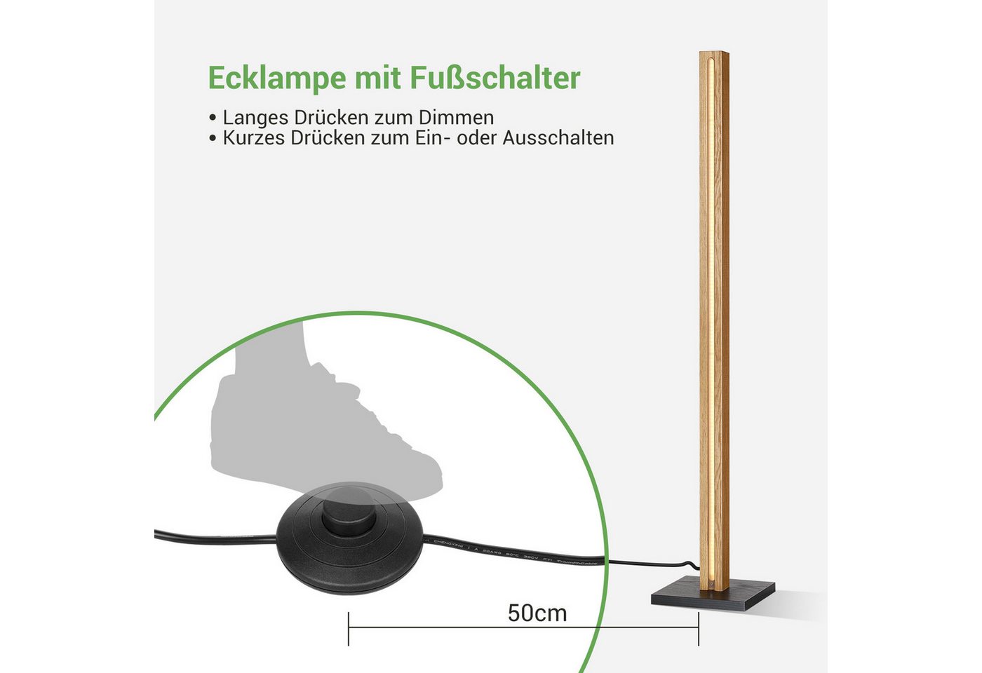 EDISHINE LED Stehlampe Stehlampe aus Holz, Stehlampe Wohnzimmer Dimmbar, LED fest integriert, Warmweiß, Eckelampe mit Fußschalter – Bild 5 von 5