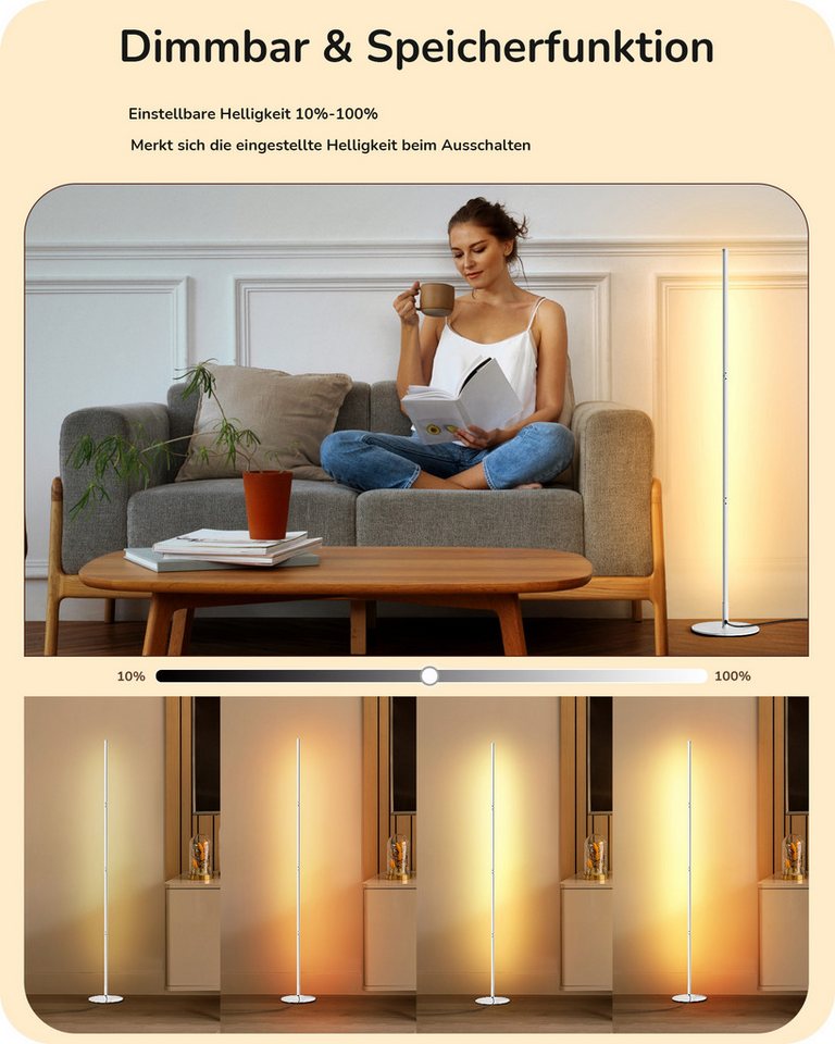 EDISHINE LED Stehlampe Wohnzimmer dimmbar, LED fest integriert, warmweiß, Minimalistische Stehleuchte, Weiß – Bild 2 von 5