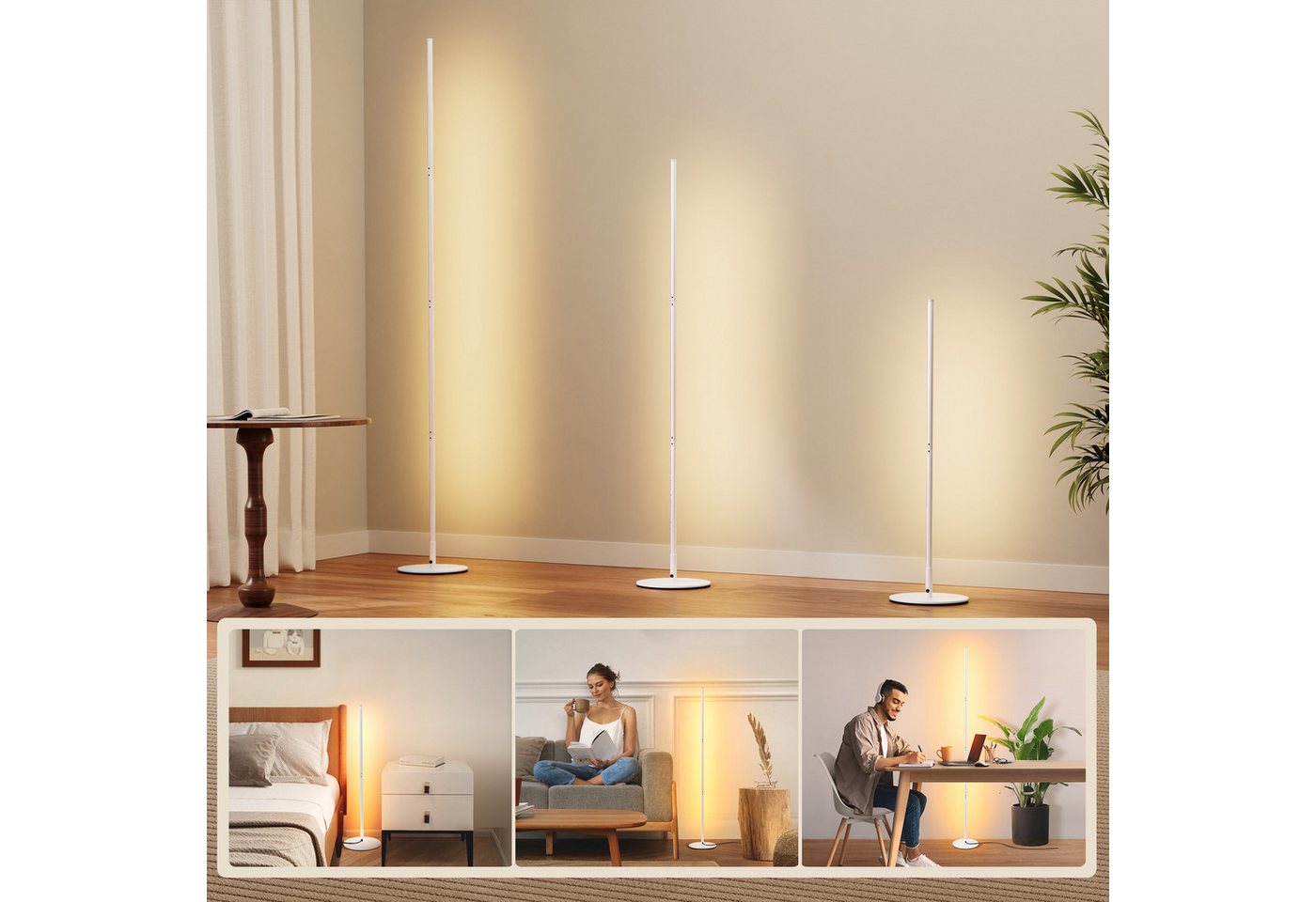 EDISHINE LED Stehlampe Wohnzimmer dimmbar, LED fest integriert, warmweiß, Minimalistische Stehleuchte, Weiß – Bild 5 von 5