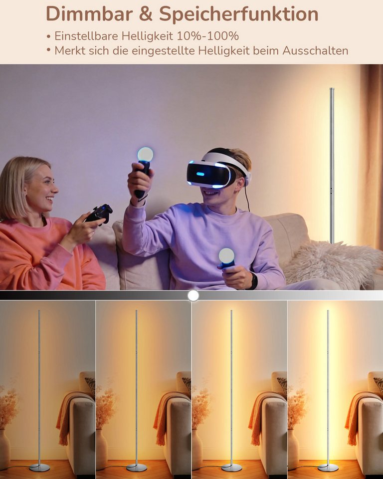 EDISHINE LED Stehlampe Wohnzimmer dimmbar, LED fest integriert, warmweiß, Minimalistische Stehleuchte, Silber – Bild 2 von 5