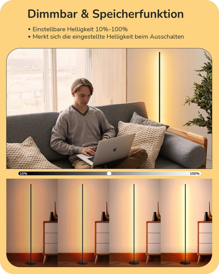EDISHINE LED Stehlampe Wohnzimmer dimmbar, LED fest integriert, warmweiß, Minimalistische Stehleuchte, Schwarz – Bild 2 von 5