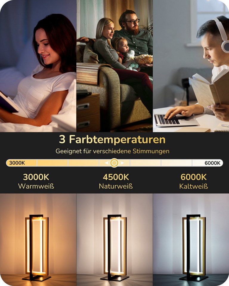 EDISHINE LED Tischleuchte Drehbare, Touch Dimmbare Nachttischlampe deko, LED fest integriert, 3 Farbtemperaturen (3000K-4500K-6000K), Industrielle Tischleuchte  – Bild 2 von 5