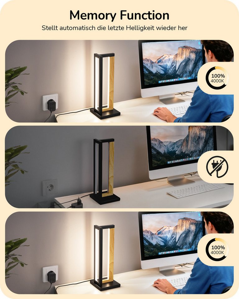 EDISHINE LED Tischleuchte Drehbare, Touch Dimmbare Nachttischlampe deko, LED fest integriert, Tischlampe aus Metall, 3 Farbtemperaturen – Bild 5 von 5