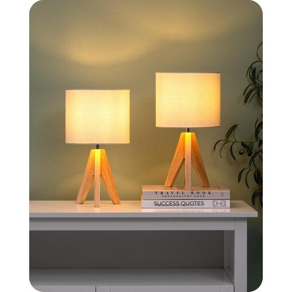 EDISHINE Nachttischlampe 2er Set, Vintage Tischleuchte aus Holz mit Leinenlampenschirm, LED wechselbar, warmweiß, H36 cm Tischlampe mit Leuchtmittel