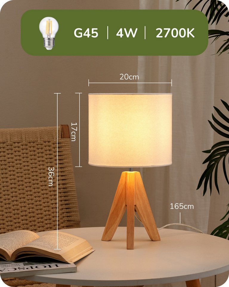 EDISHINE Nachttischlampe 2er Set, Vintage Tischleuchte aus Holz mit Leinenlampenschirm, LED wechselbar, warmweiß, H36 cm Tischlampe mit Leuchtmittel – Bild 4 von 5